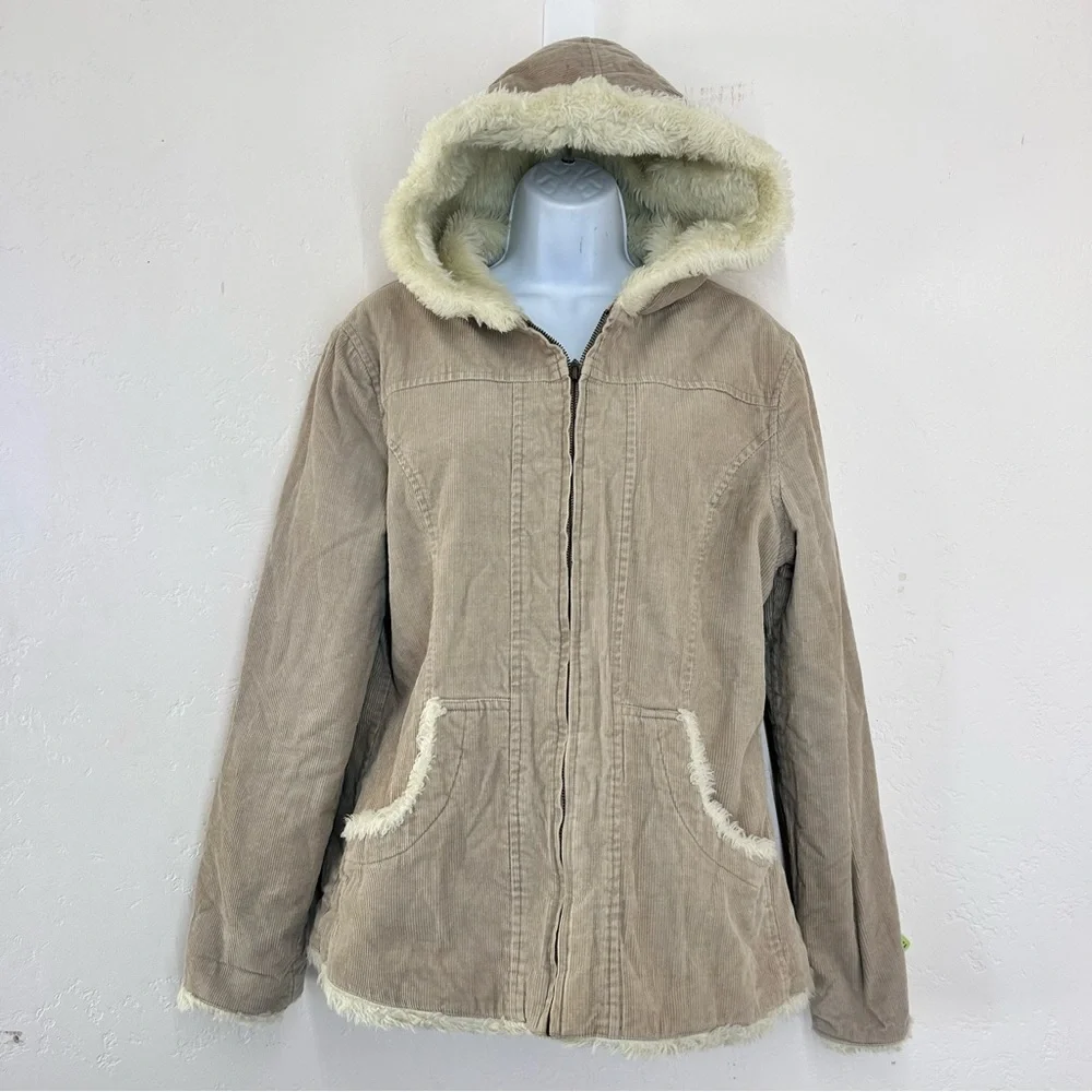 Deb Vintage 90s Y2K Tan Corduroy Jacket with Cream Faux Fur Trim L/XL